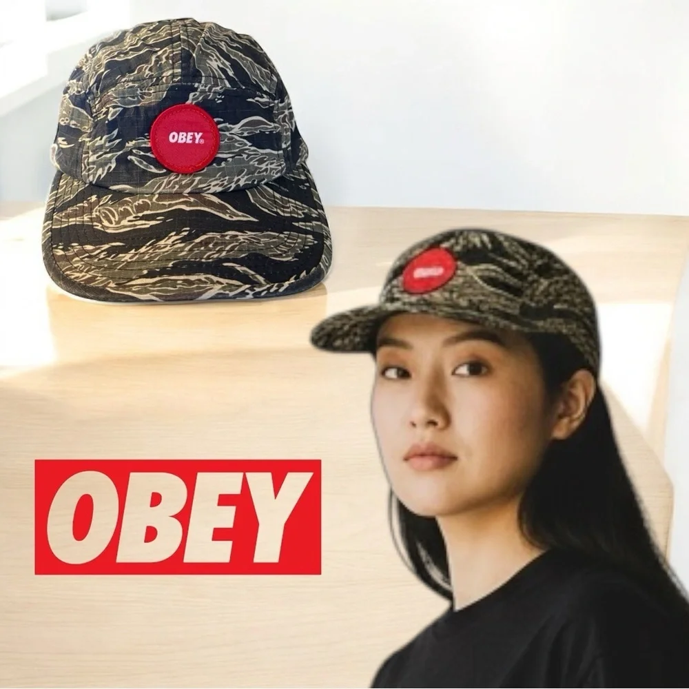 Obey Camo Ripstop 5-Panel Hat Red Logo Patch Adjustable Unisex Streetwear Cap
